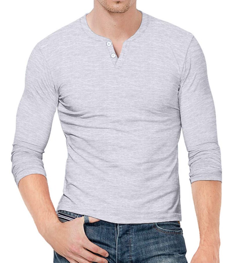 KUYIGO Mens Casual Long Sleeve Henleys Slim Fit T-Shirt V Neck Shirts Tops with Button Grey Medium - Image 3